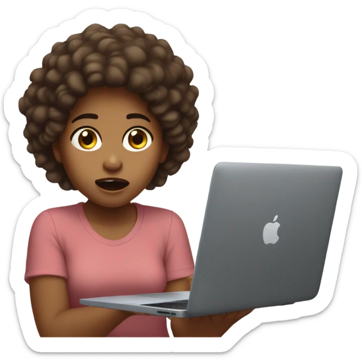 panicked girl with frizzy brown hair sitting down and holding a macbook laptop. sticker