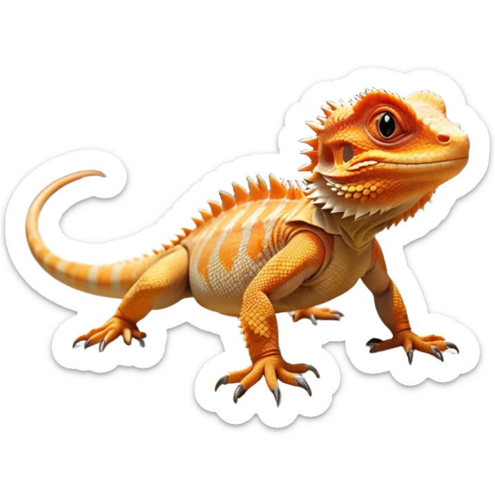 cinematic-bearded-dragon-realistic-full-body-standing on all fours-emoji,-rough-scaled-body-balanced-on-strong-legs,-spiky-throat-slightly-flared,-head-tilted-dramatically,-warm-orange-and-brown-patterns-glowing-under-the-sun,-simplified-yet-realistic-focused-features,-highly-detailed,-glowing-with-an-almost-sarcastic-glow sticker