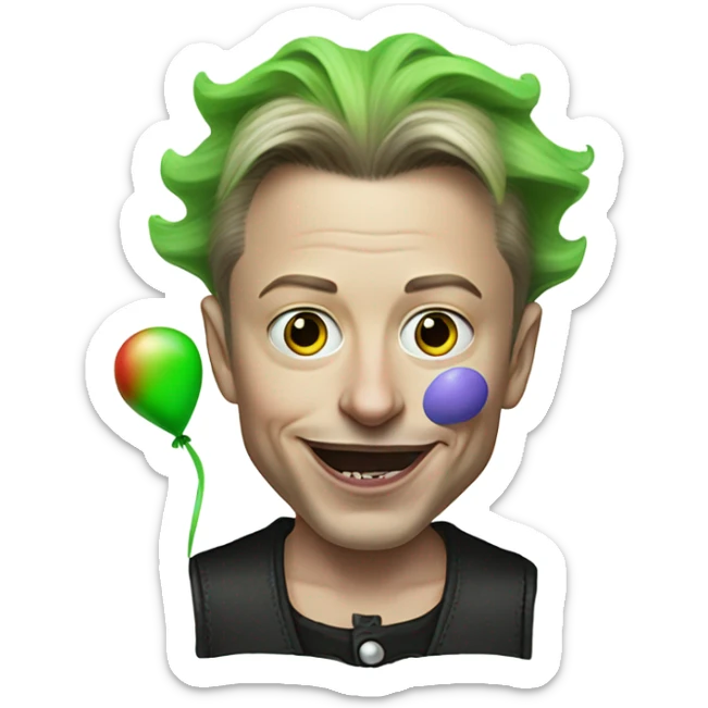 elon musk with a clown face and green nose with a dollar sign on it and puppy dog tongue and ears like an egirl sticker