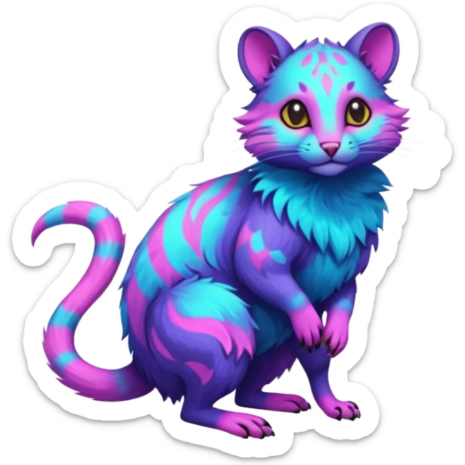 Exotic Neon-colored fantasy feline-rodent-marsupial-critter-vernid-fursona animal creature full body with intricate markings  sticker