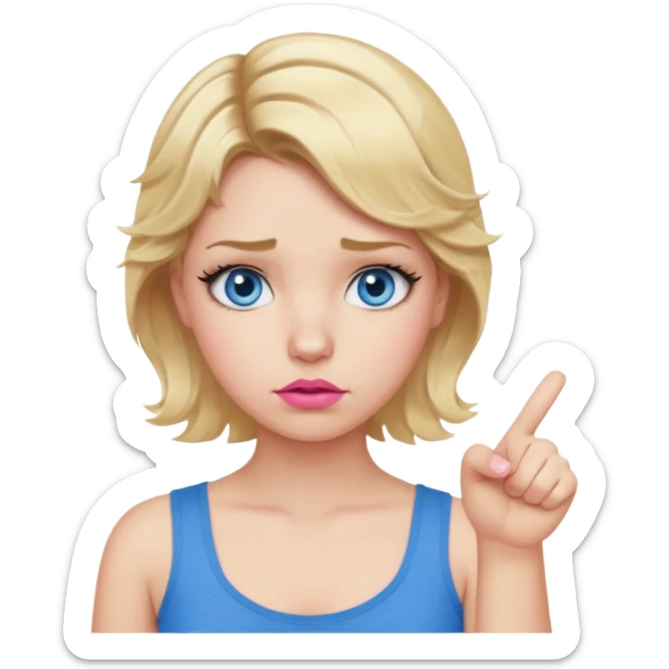 Girl Blonde short wavy hair,  blue eyes, cute blue top, long lashes, pink lips, showing thumbs down 👎  sticker