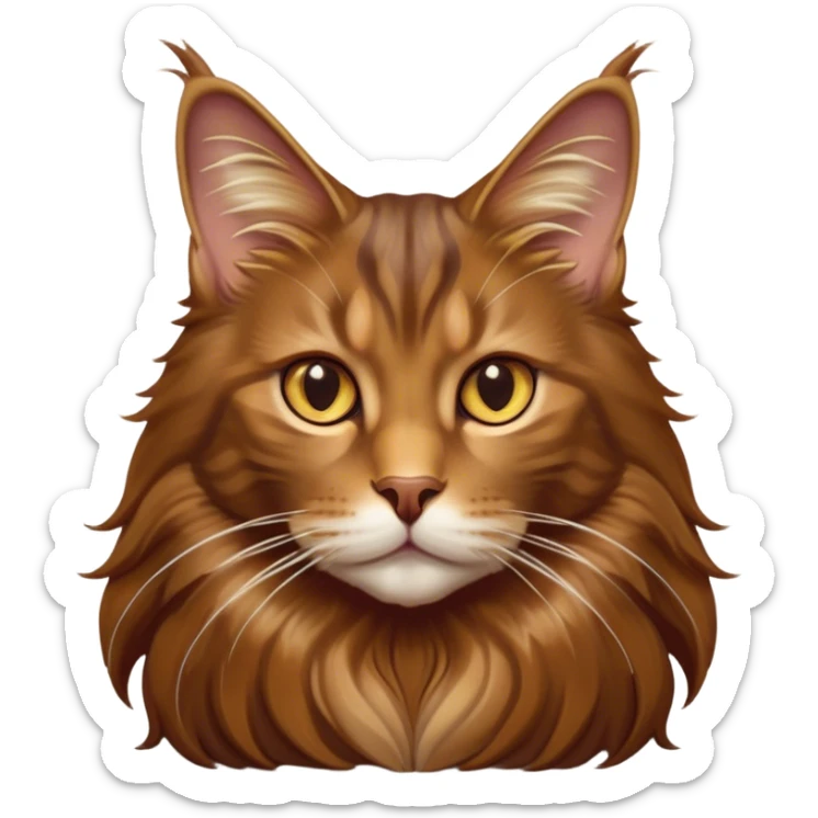 Cinematic Brown Maine Coon Cat Portrait Emoji, Elegant and alert, sleek brown and gold tones with hints of deep auburn, Simplified yet sharp features, highly detailed, glowing with a warm, confident glow, high shine, intelligent and poised with an air of wisdom, stylized with an air of grace, focused and attentive with a calm, old soul expression, soft glowing outline, capturing the essence of experience and majesty, so lifelike it feels as though it could spring into motion at any moment, radiating wisdom and grace. sticker