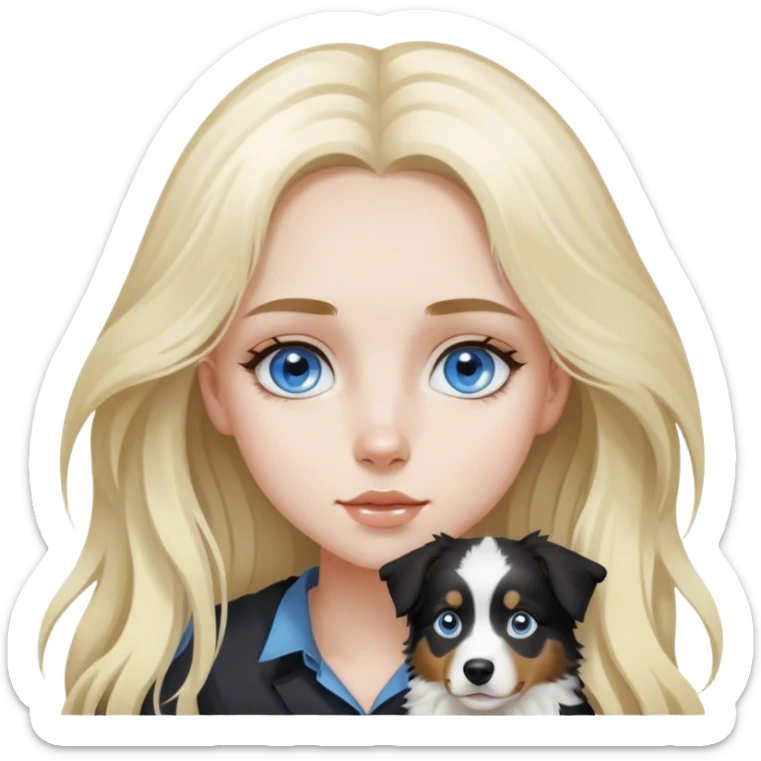 pale girl with blue eyes and long blonde hair and black white Australian shepherd. sticker