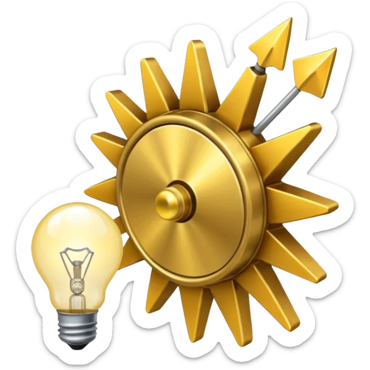 a gear with golden raising arrow behind it on the right side, and then a small golden beaming light bulb on the left side sticker