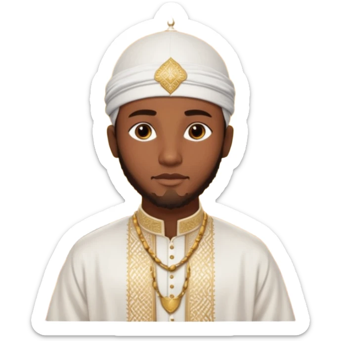 Muslim Black man of West African origin, deep brown skin, dressed in a white bazin riche with embroidery, kufi cap, standing in a warm sunset atmosphere, calm and spiritual look, photo realistic, cinematic lighting, 4K, high detail. sticker
