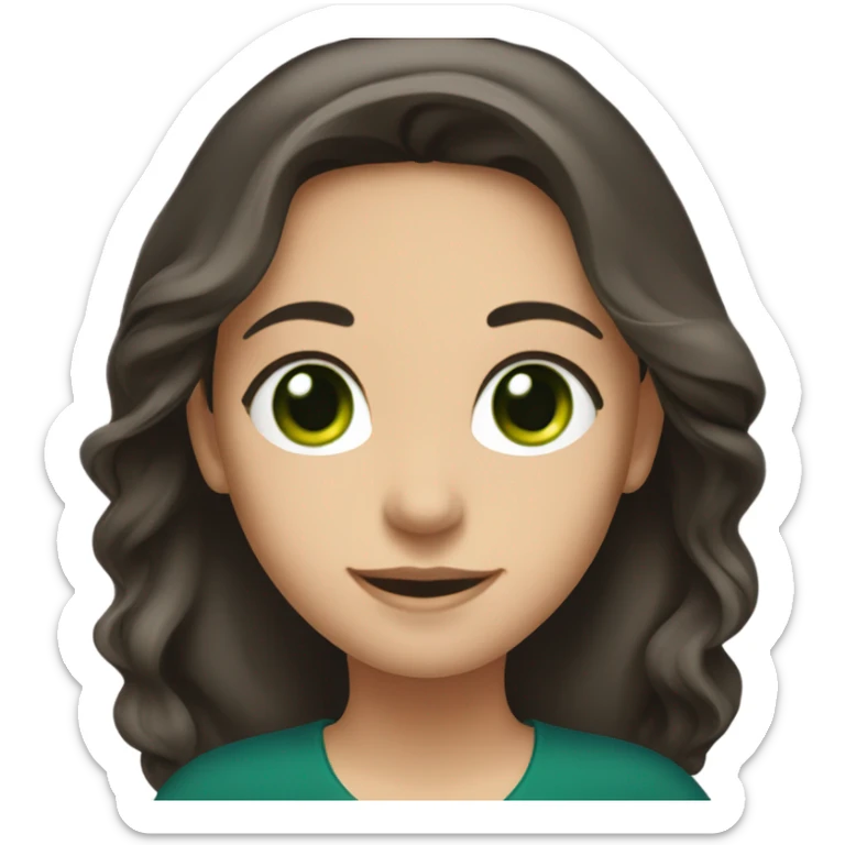 a brunette with long hair and green eyes in a dark blue blouse smiles sweetly sticker