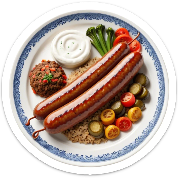 Cinematic Realistic image of a long, sausage-shaped Turkish Köfte, rendered with richly spiced meat textures and subtle grill marks, artfully arranged on a traditional Turkish ceramic plate alongside classic sides such as a serving of aromatic pilaf, crisp grilled vegetables, and a dollop of creamy yogurt, all bathed in warm, appetizing lighting that emphasizes its savory allure. sticker