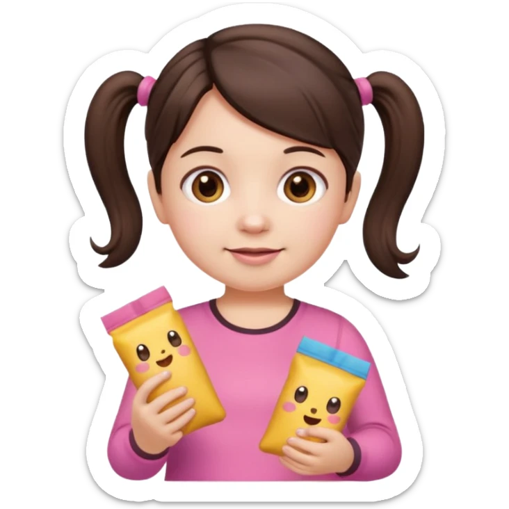 Cute small Toddler emoji with two pigtails dark brown hair, fair skin, in pink top, holding toddler snacks sticker