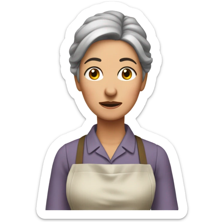 "A middle-aged woman with tired eyes, graying hair tied back, and a warm but worried look. She wears a simple dress with an apron in a modest kitchen." sticker