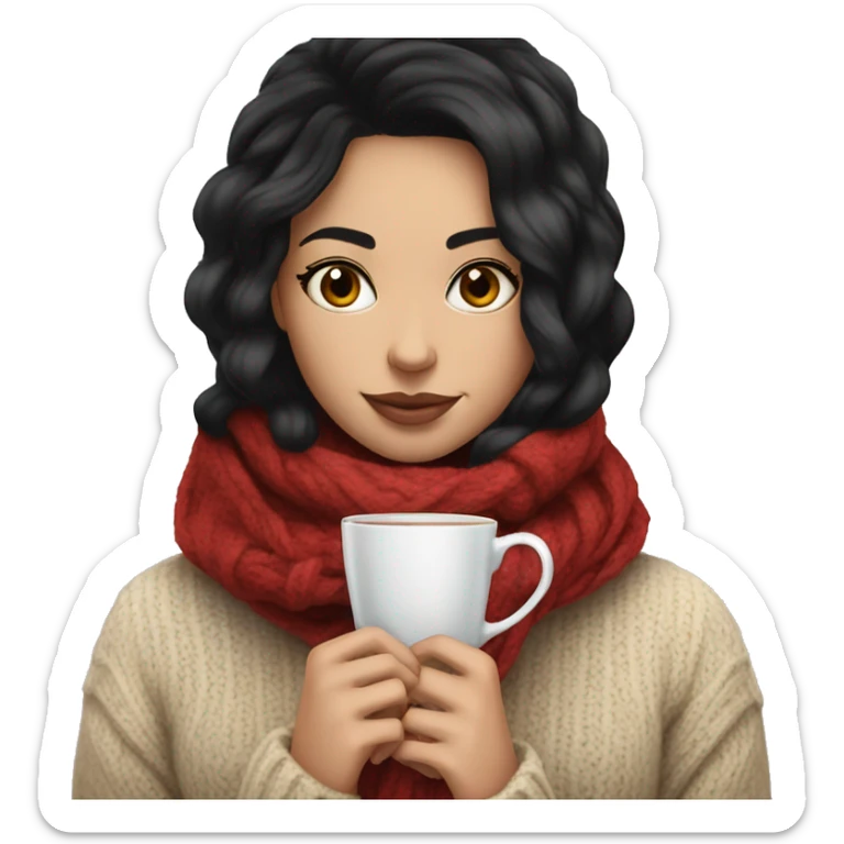 White girl black hair in a sweater and scarf sipping tea  sticker