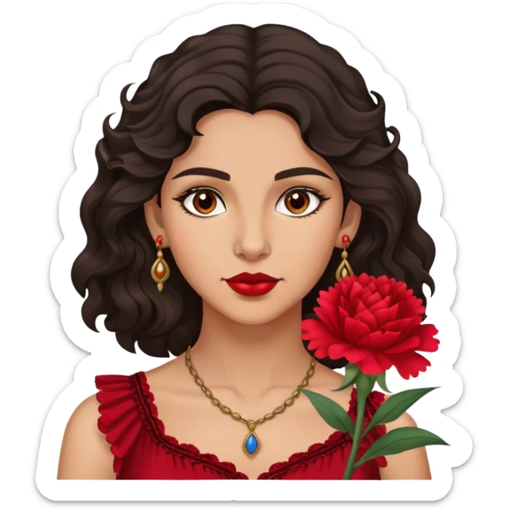 A Gypsy-origin woman with dark wavy hair, a single red carnation behind one ear, and a confident gaz sticker