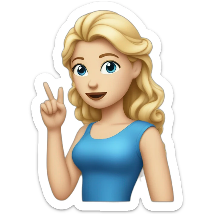 the white girl in the blue dress thinks with her finger to her lips. sticker