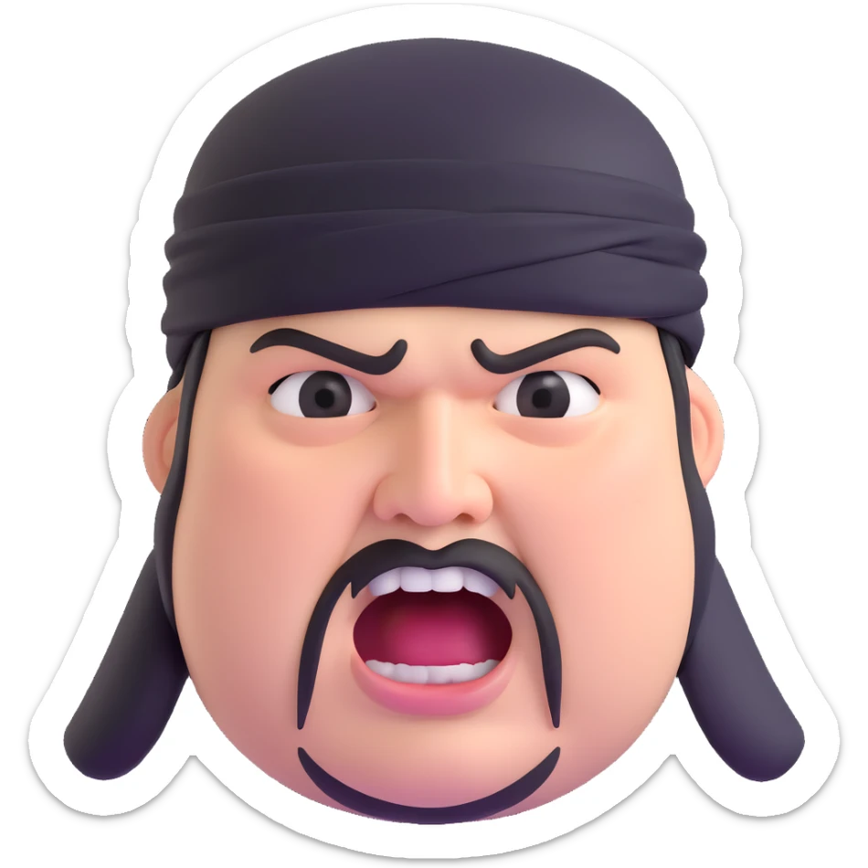 Super extreme tight close-up of just the face of morbidly obese white skin guy with young face, prominent BLACK DURAG tied clearly on head, black beard but no mustache, clean shaven upper lip, black eyes, mouth wide open screaming angrily sticker