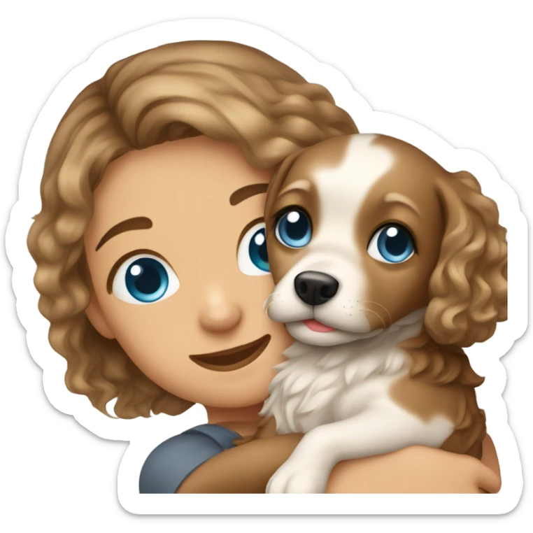 Please create a girl who hugs her pet doggie. The girl has a cute face and so does the doggie. The girl has light skin, blue eyes and light wavy long hair. sticker