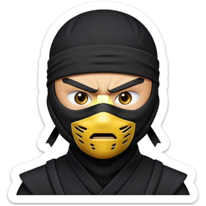 angry ninja face emoji, classic yellow emoji style, all black ninja mask, no mouth visible, scowling eyes, black ninja headband tie sticker