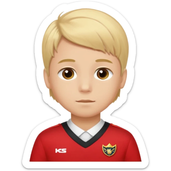 SARI SAÇLI SAÇININ YARISI SOLA DOĞRU DİĞERİNİN SAĞ TARAFTA AMA DÜZ DURAN KAHVERENGİ GÖZLÜ UZUN KİRPİKLİ BUĞDAY RENKLİ KIRMIZI ÜNİFORMALI BİR ERKEK ÇOCUK sticker