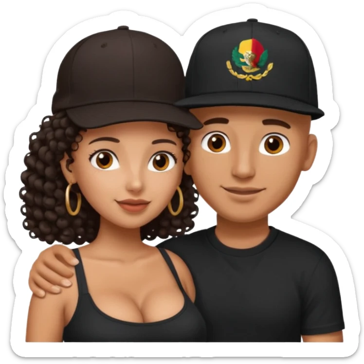 A picture of an embracing tanned couple. the man is a Mexican man with tanned skin, with a bald hair cut wearing a SnapBack hat and a black shirt. the woman has curly longer dark brown hair, thick and with big boobs   sticker
