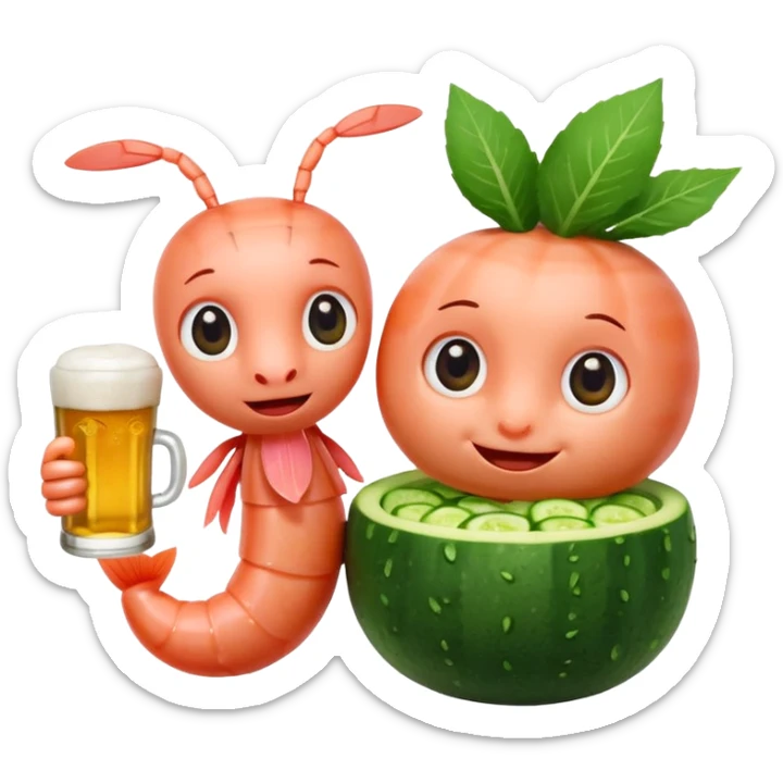 Emoji-style food mascots, NOT human.
Two cute shrimp characters, simple cartoon faces, big round eyes, small smiles.
One shrimp holding a beer mug with foam, the other holding an aguachile bowl with cucumber and chili.
Flat + soft 3D style, clean shapes, no human facial details, no realistic skin.

 sticker