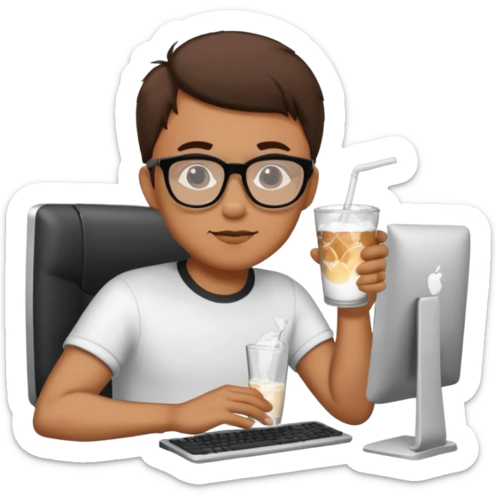 Hombre tomando blanco un refresco frente a un ordenador sticker