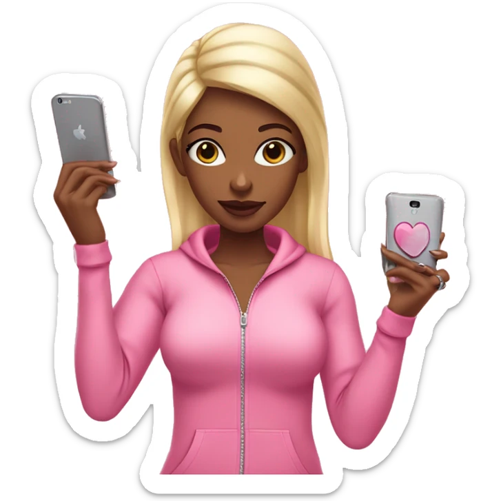 Standing girl emoji: pink tracksuit, hoop earrings, pink lips, lashes, nails. Poses: peace sign, nails, phone, arms crossed." sticker
