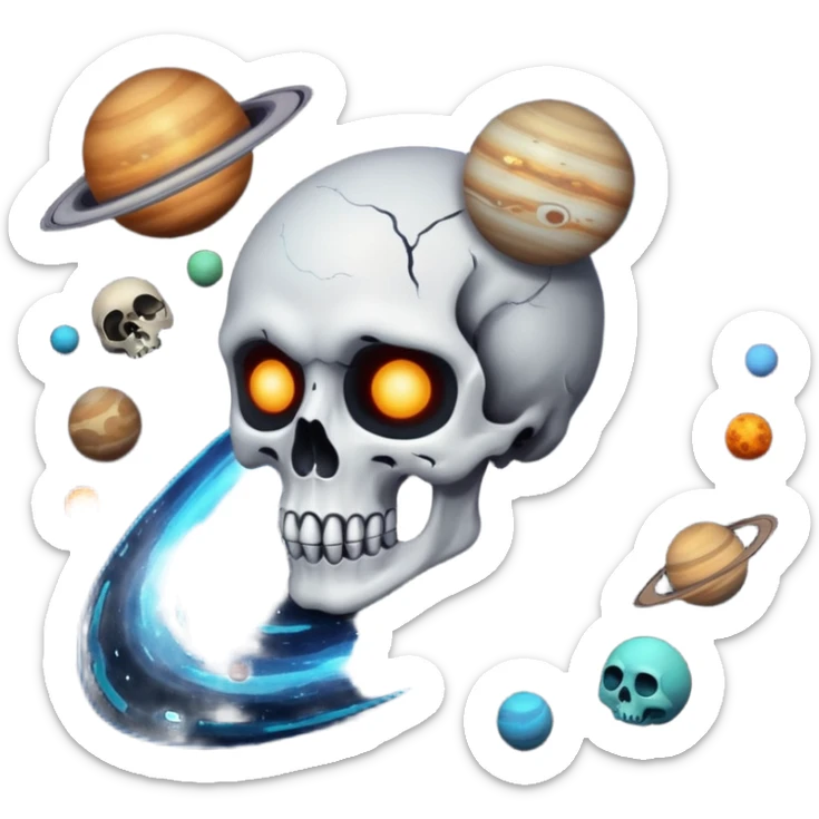 image of deep black space, with planets, stars an a galaxy, in the style of your bleeding skull art. sticker