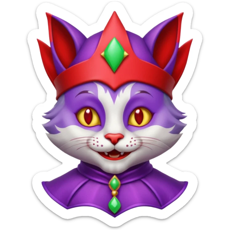 crazy colorful cute little cat jolly joker from poker, medieval, vintage, court jester, mac os icon, purple and red color, silver inserts, half body sticker