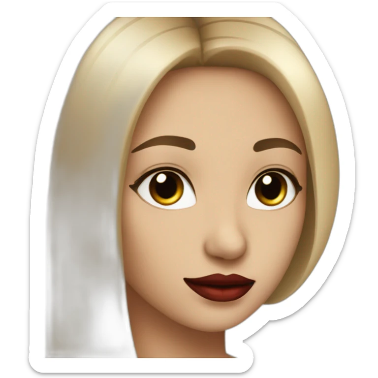 straight hair with black color ,red lipstick,black eyes, white skin and a small nose sticker