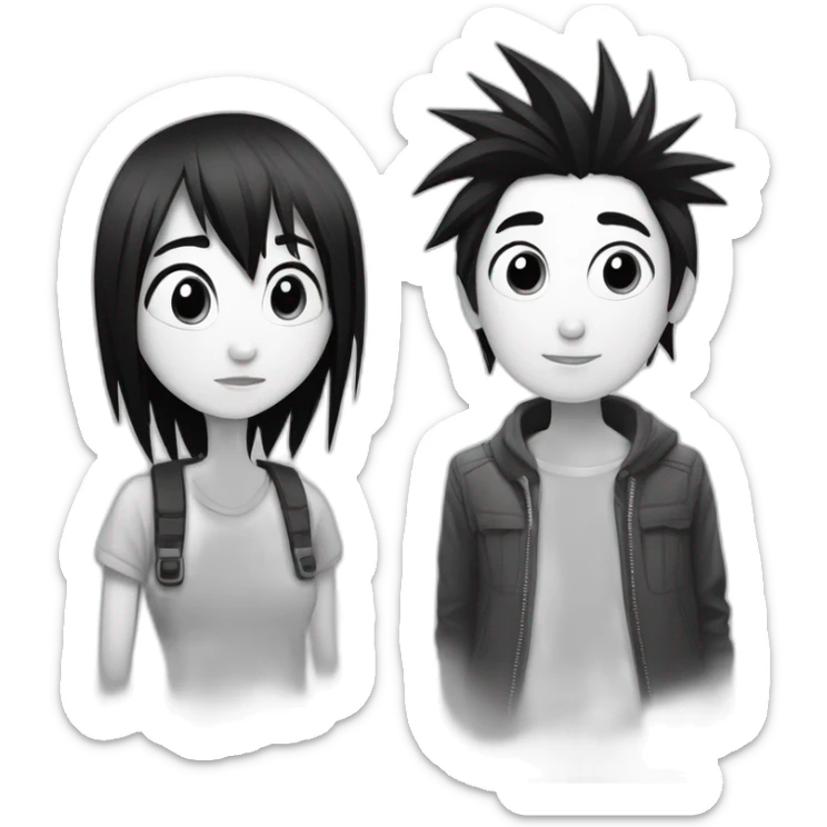 dog and a dark-haired girl with spiky hair looking at each other in style of ((sarah andersen)), black and white sticker