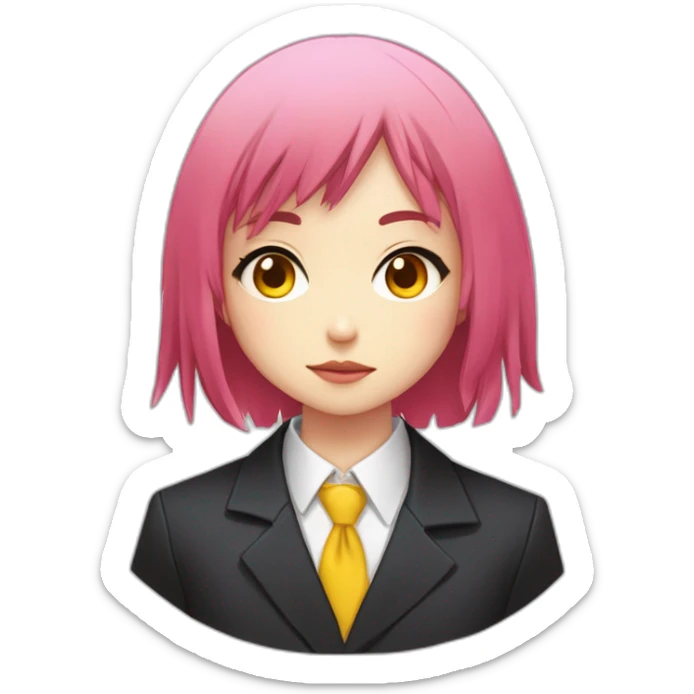 (gril) makima from the manga chainsawman with pink/red hair fringe, yellow eyes with a circle inside and a white shirt with a tie and a black straight coat sticker