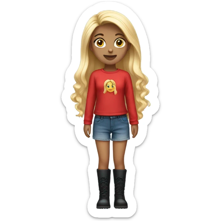 A girl who has long hair wears red top,jeans short dress with long black boots sticker