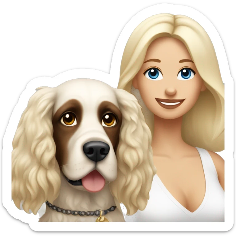 Russian woman with long dark brown hair in a white singlet sits with blonde cocker spaniel sticker