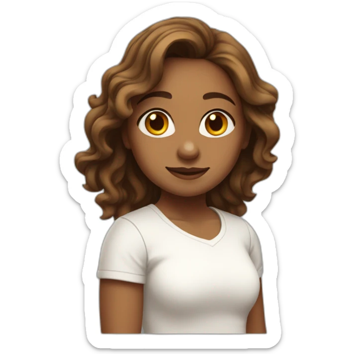 Brown Indian girl with shoulder length wavy hair and white tshirt sticker