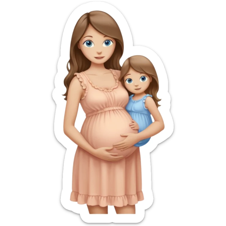 Beautiful Woman with Blue eyes, and long flowing almond brown hair and a light peachy tan skin tone, standing in a relaxed pose holding her baby bump with a visible baby bump in frilly buttercream colored babydoll sundress  sticker