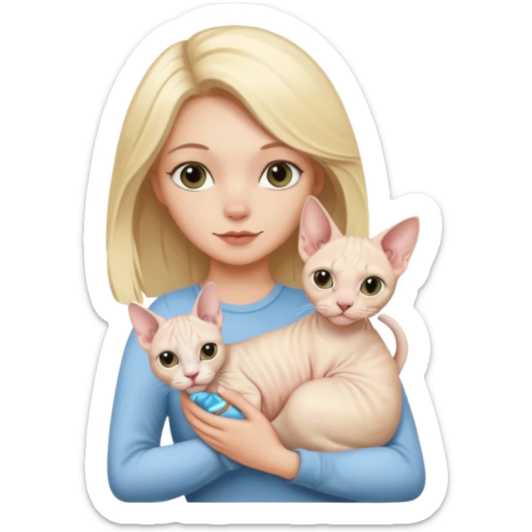 A white girl with blonde hair is holding a white Sphynx cat in her arms sticker