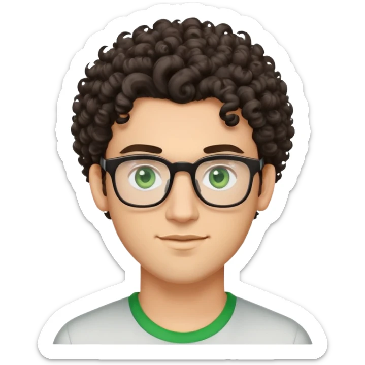 young man with dark tall voluminous curly hair styled up high on head, wearing glasses with green eyes and very light stubble, with a slight smile sticker