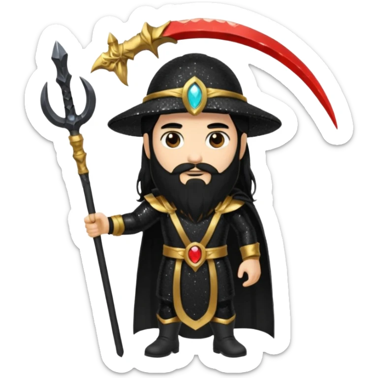 Saturn, God of Time with long black hair and beard, black sequin outfit sticker