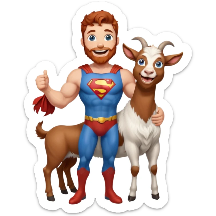 Full body Adult Superman Blue Eyes Scruffy Redish hair and redish trimmed Beard Muscle happy holding a happy laughing blue goat  sticker