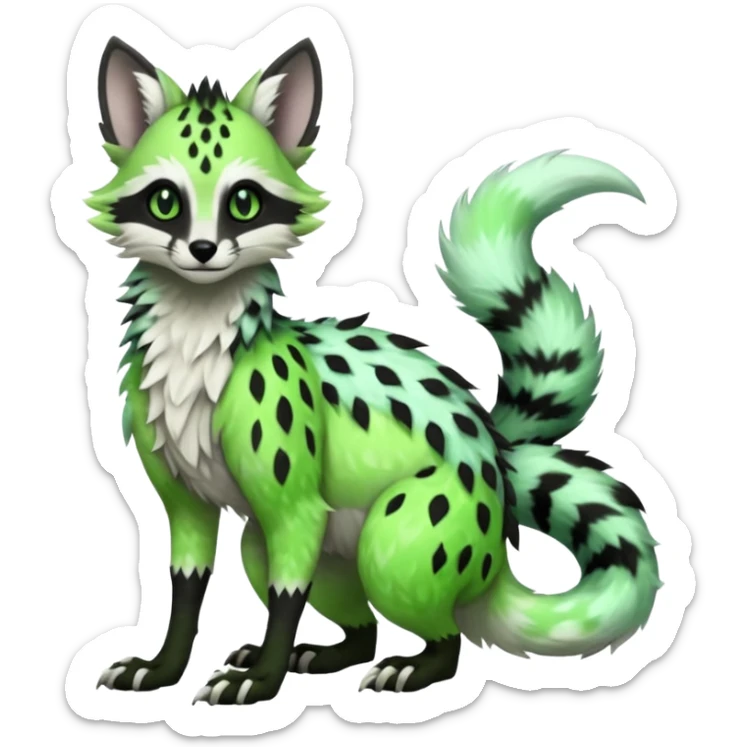 Feral Rare Fantasy   neon-green fur with obsidian-onyx-black points and snowy-white belly  Vernid-Sergal-Genet-Trico-species by LiLaiRa, random markings, tufted tail, tufted ears, full body sticker
