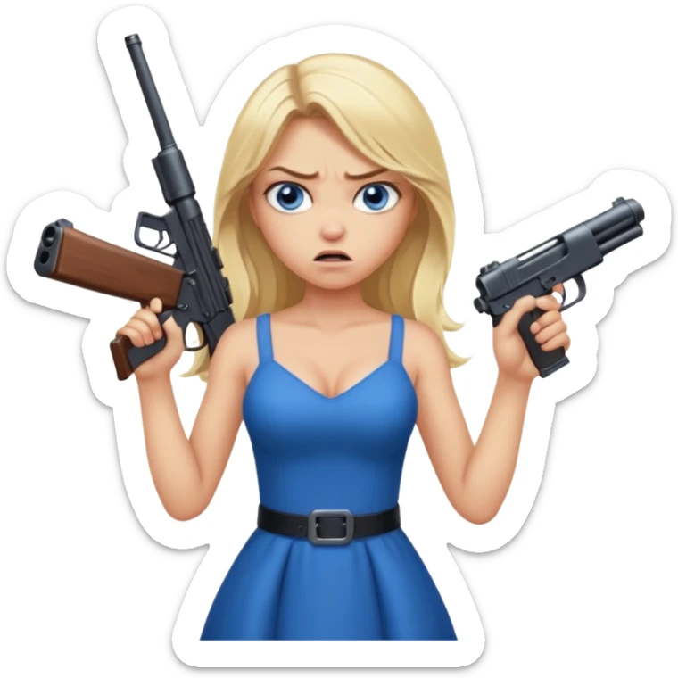 Sexy Beautiful  blue eye blonde Long Hair Gangsta girl in a hot Dress Looks angry  with a big gun sticker