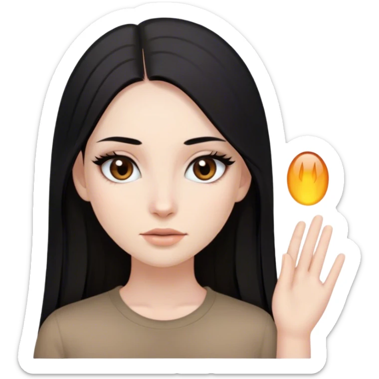Girl with long straight black hair, brown eyes, pale skin, make up, long lashes, oval face and brown shirt sticker