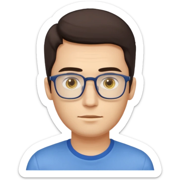 a young man around 30 years old, dark brown eyes, with dark brown hair, longer rectangular face, light yellow skin color, small eyes with rectangle shape glasses, without beard, no forehead wrinkles, wear shirt sticker