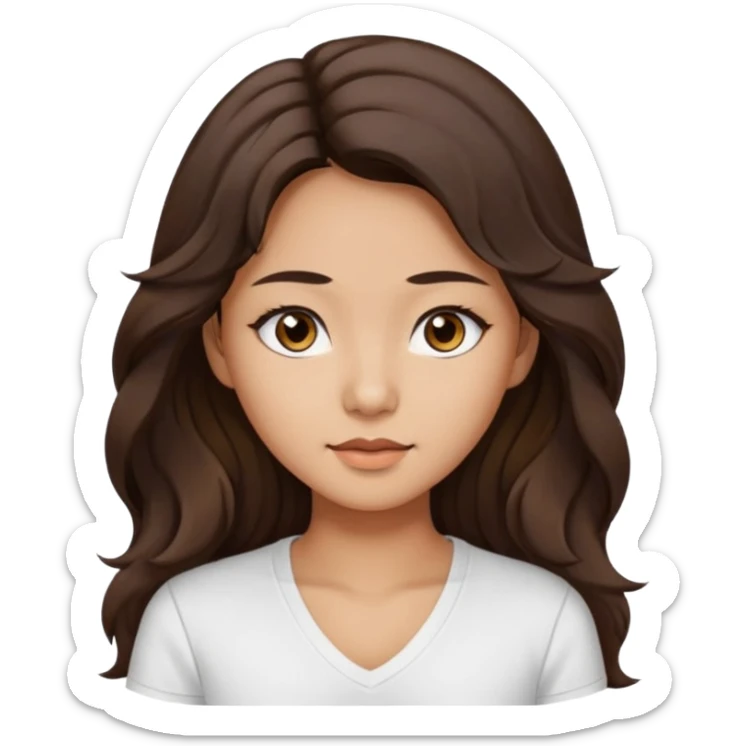 iOS style emoji. A girl with very long dark brown wavy hair. And the eyes color is dark brown. And she is wearing white t shirt with V kneck. And she is 30. She is Asian with double eyelids  sticker