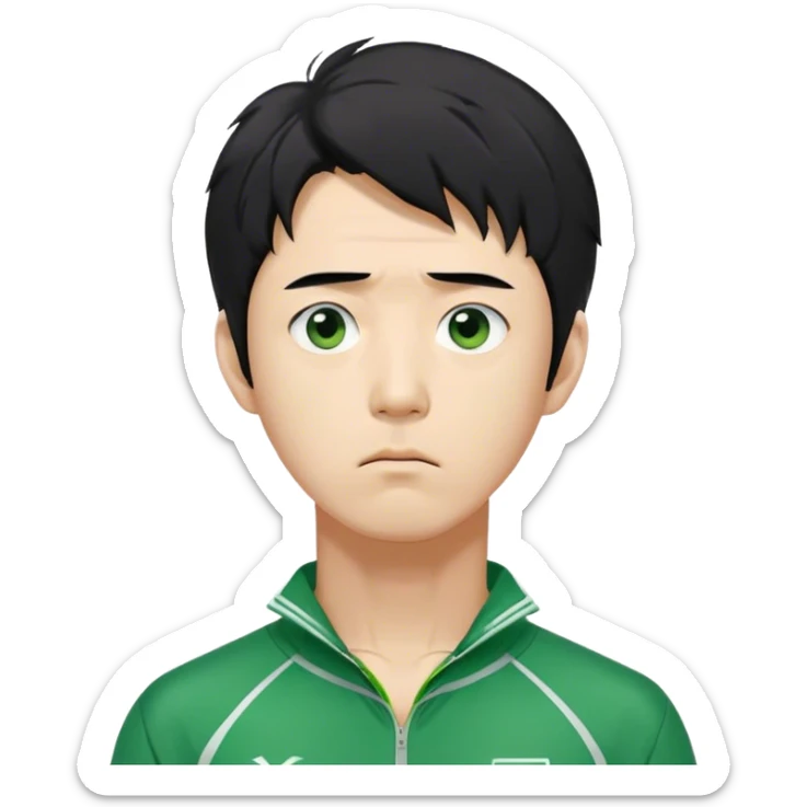 Seong Gi-hun : A tall, slim man with messy, unkempt black hair and tired eyes, showing signs of stress, Green player tracksuit, Around 40s sticker