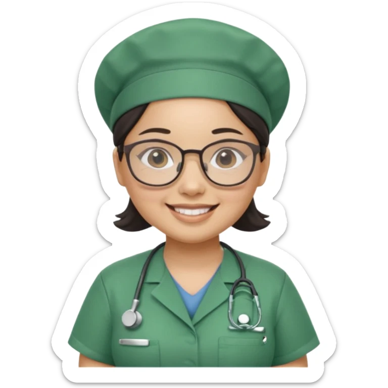 FILIPINA FEMALE NURSE, CHUBBY, NO HAIR, WITH GLASSES, GREEN SCRUBS, AND CAP, SMILING sticker