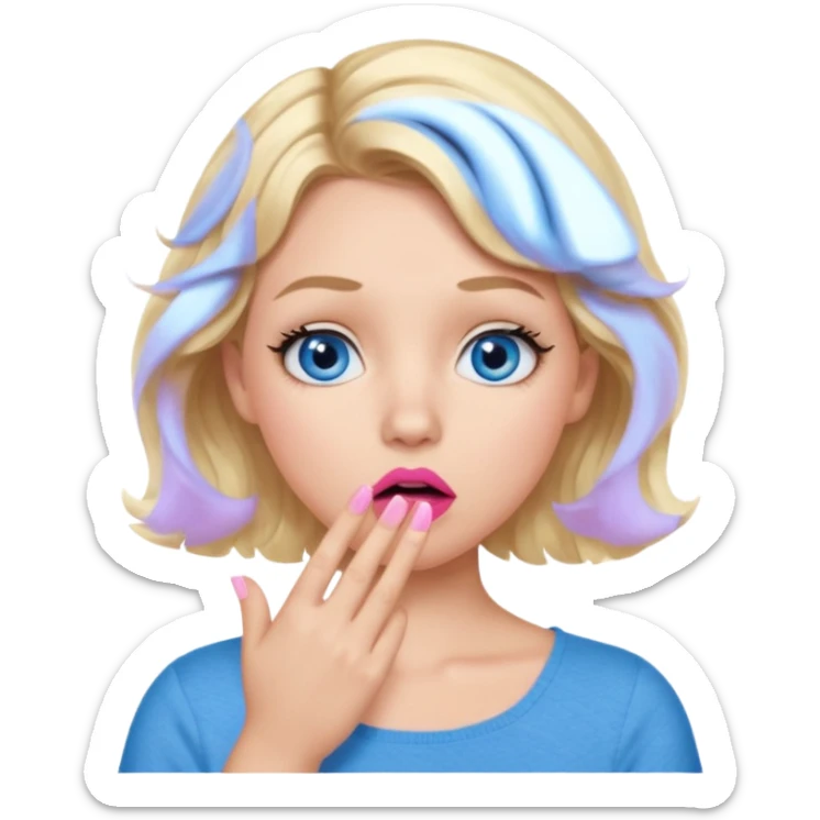 Girl Blonde short wavy hair,  blue eyes, cute blue top, long lashes, pink lips, shocked, hand over the mouth sticker