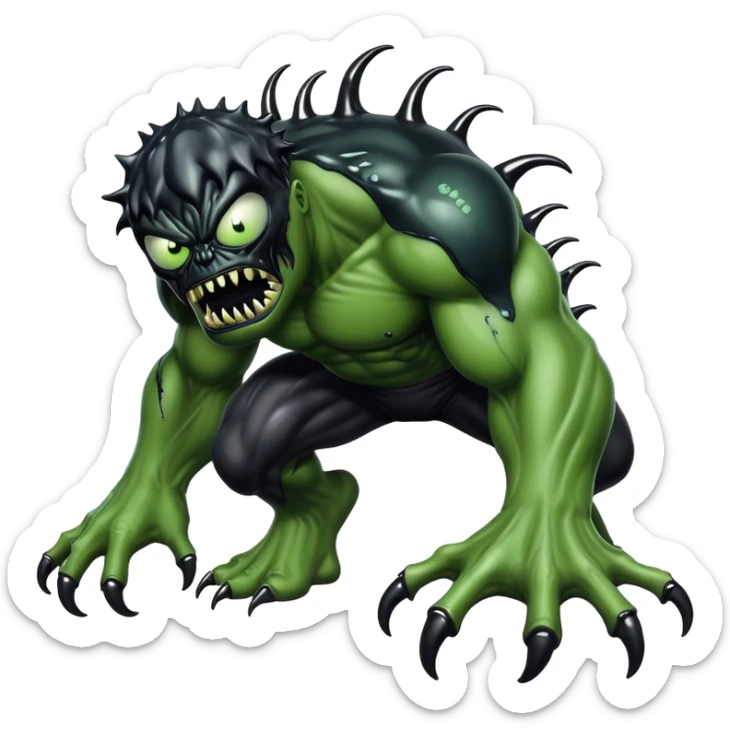 Symbiote-infected Hulk, green monster covered in black alien goo with white eyes sticker