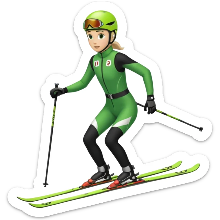 Xc ski racer in green and black clothing. Full body, classic skiing uphill sticker