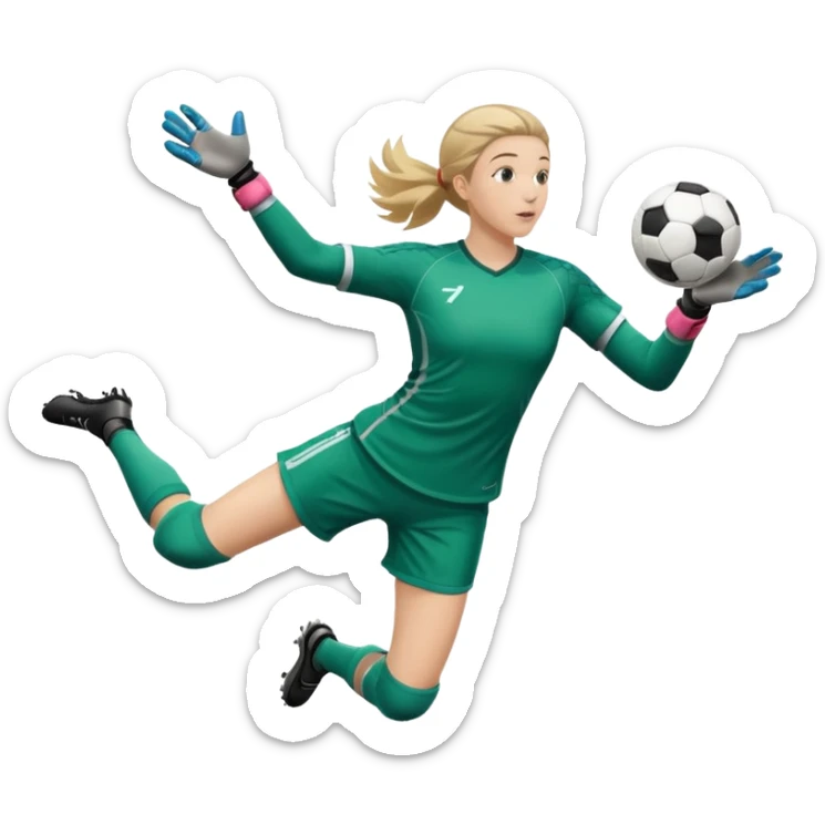 make a girl goalie diving through the air sideways with one soccer ball in her hands  sticker