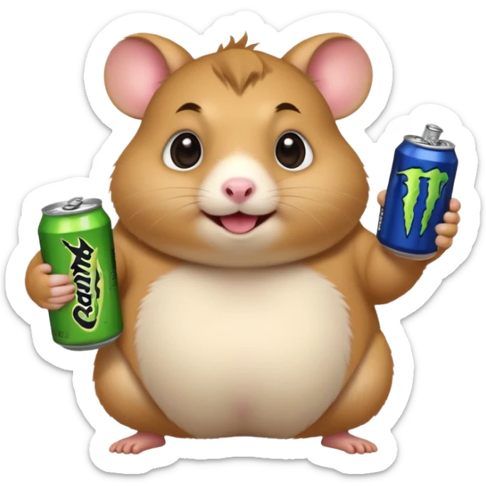 Funny cartoon-style fat hamster with big wide eyes  holding a can of monster energy in one hand and redbull in the other hand sticker