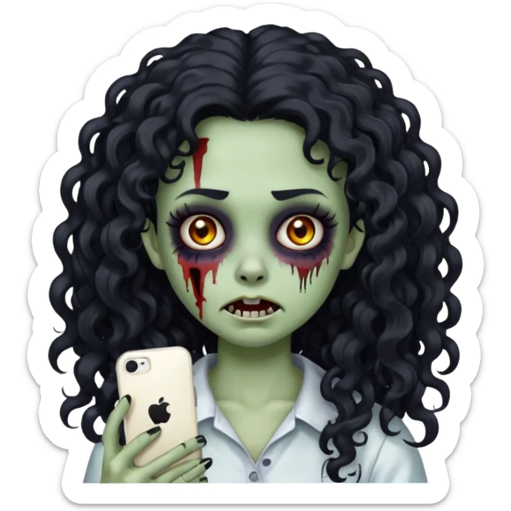 cute zombie girl with long black curly hair and a white streak, creepy face, makeup, iPhone emoji style sticker